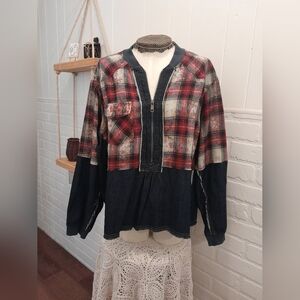 Flannel and denim women's half zip